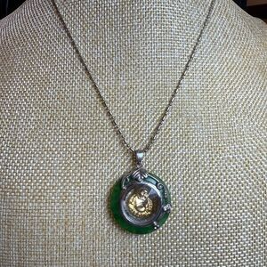 Elegant Green and Gold Buddha Spinning Pendant Necklace